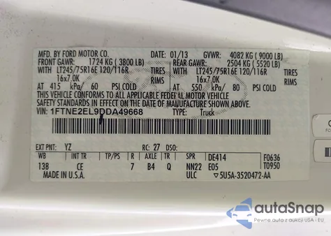 2013 Ford E-250 Commercial из США, поврежденный, VIN 1FTNE2EL9DDA49668